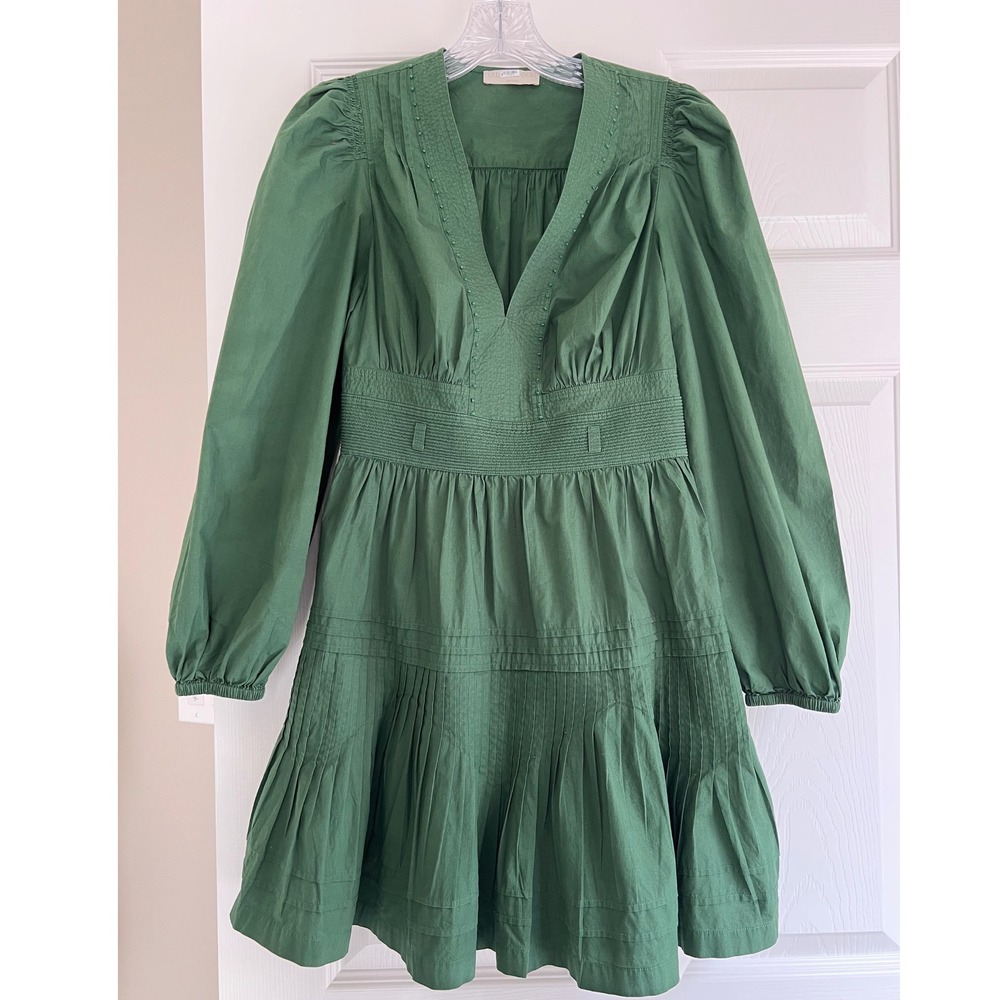 Ulla Johnson Green Rosalind Dress Cotton Tiered Pleated Long Sleeve Dress Size 2 - Picture 3 of 9